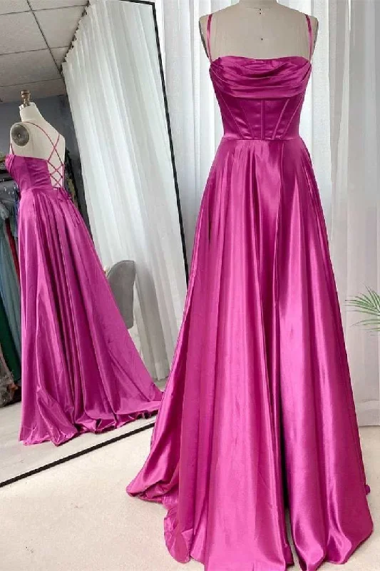 custom prom dressesBarbie Pink Cowl Neck Lace-Up A-Line Prom Dress