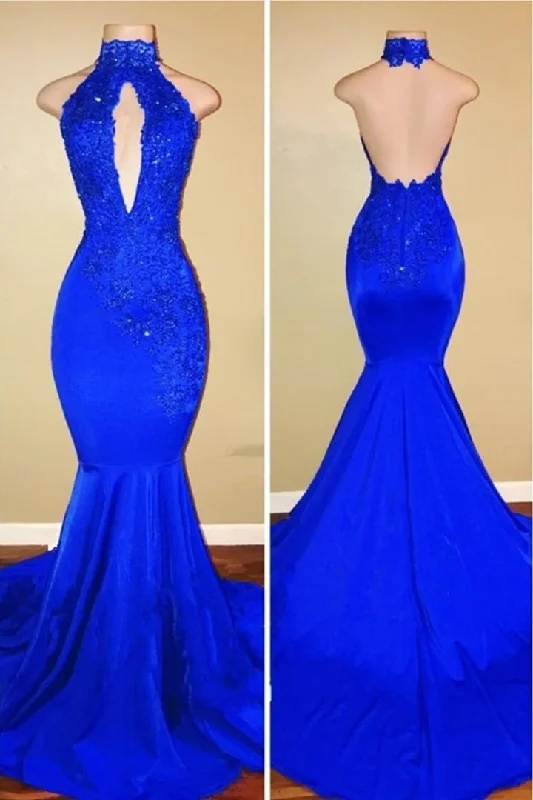 bodycon prom dressesElegant Mermaid High Neck Royal Blue Long Prom Dress