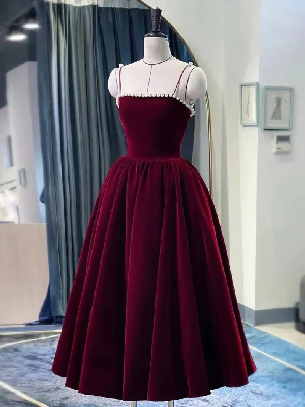 cap sleeve prom dressesSimple burgundy tea length prom dress, burgundy homecoming dress  MD7234