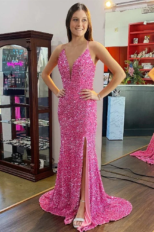 animal print prom dressesHot Pink Sequin Plunge V Backless Mermaid Long Prom Dress with Slit