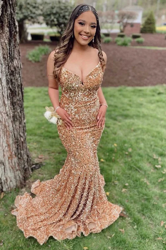 off-shoulder prom dressesGold Sequin V-Neck Lace-Up Mermaid Long Prom Gown