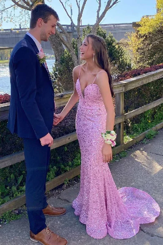 affordable prom dressesPink Sequin Plunge V Mermaid Long Prom Dress