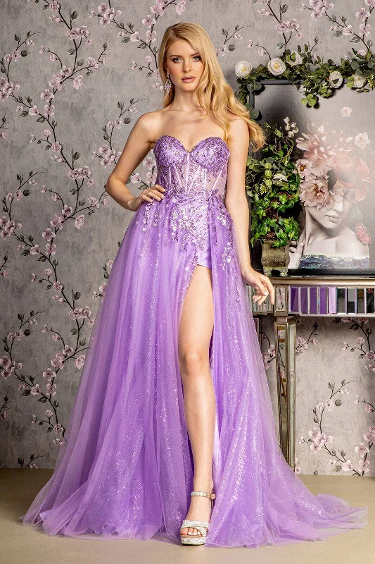 prom dresses for springSequin Strapless Sheer Bodice Mesh A-line Long Prom Dress GLGL3209