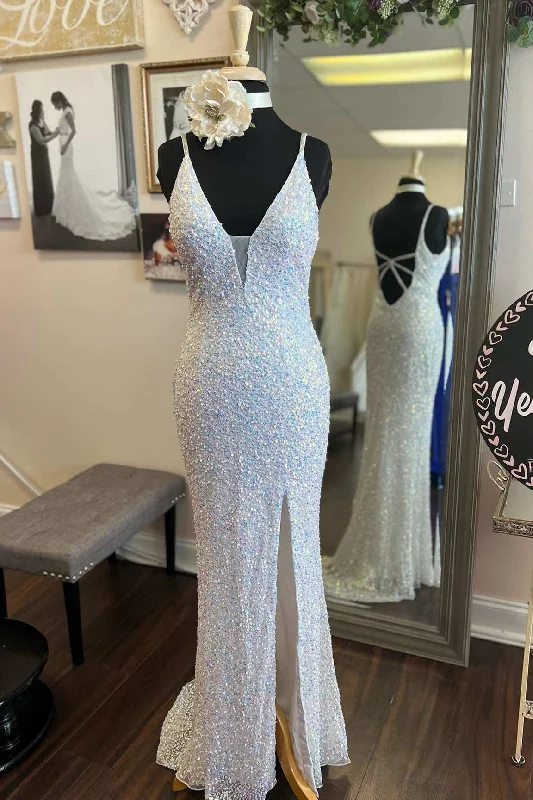 custom prom dressesWhite Iridescent Sequin Plunge V Long Prom Dress with Slit