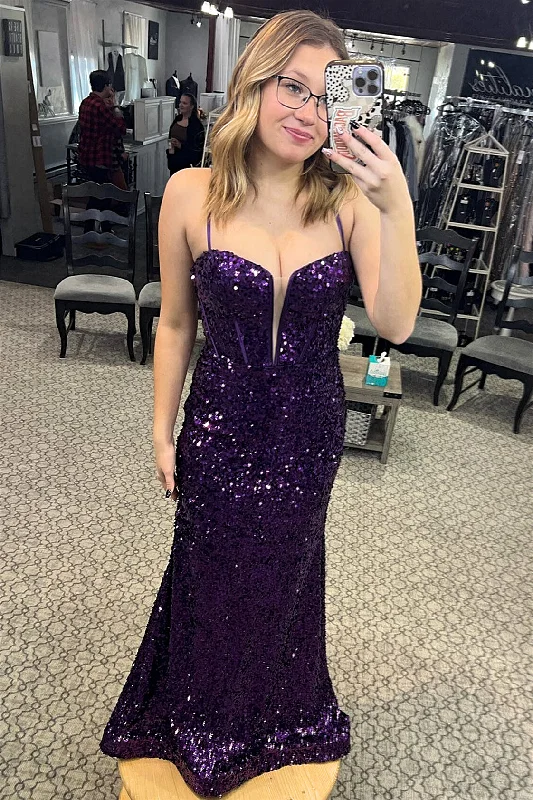 prom dresses for curve-hugging figuresPurple Sequins Spaghetti Straps Mermaid Long Prom Dress