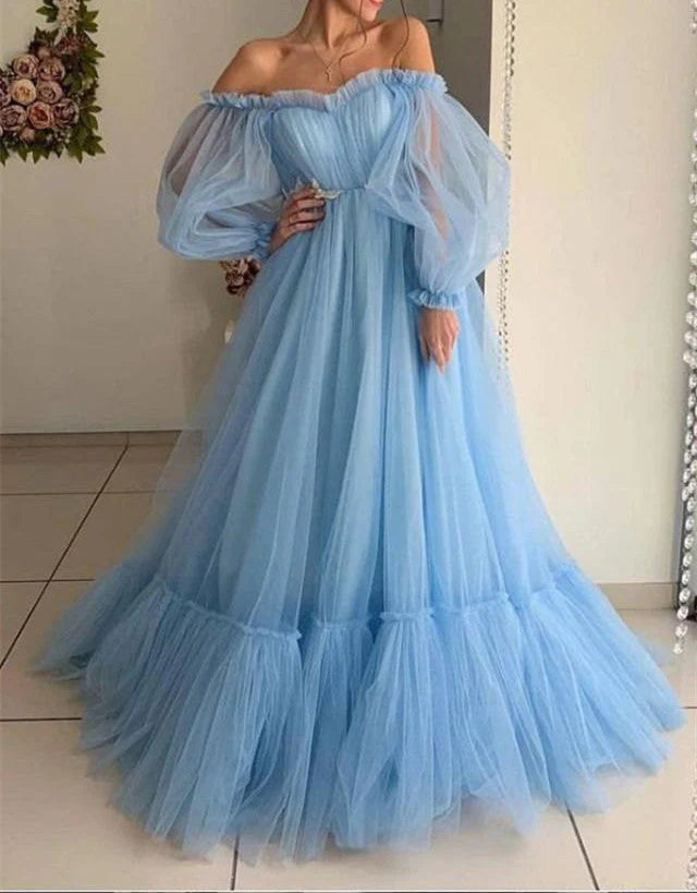 open-back prom dressesDingJiDress Quinceanera Dresses Tulle Off the Shoulder Modern Prom Dresses Long Sleeve