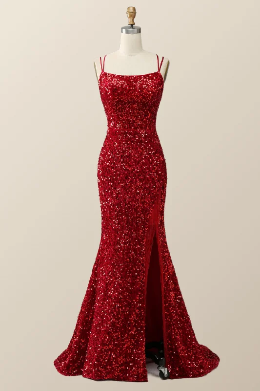 prom dresses with pocketsDouble Straps Red Sequin Mermaid Long Prom Dress