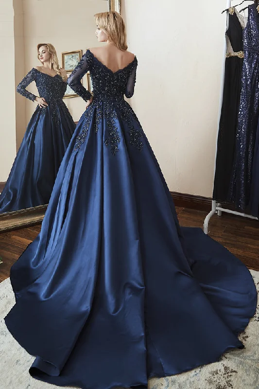 ball gown prom dressesBall Gown Long Sleeves Off Shoulder Beaded Navy Blue Prom Dress