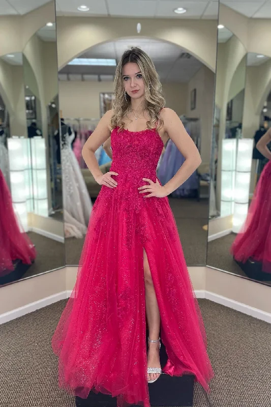 prom dress color trendsFuchsia A-line Tulle Scoop Neckline Applique Slit Long Prom Dress