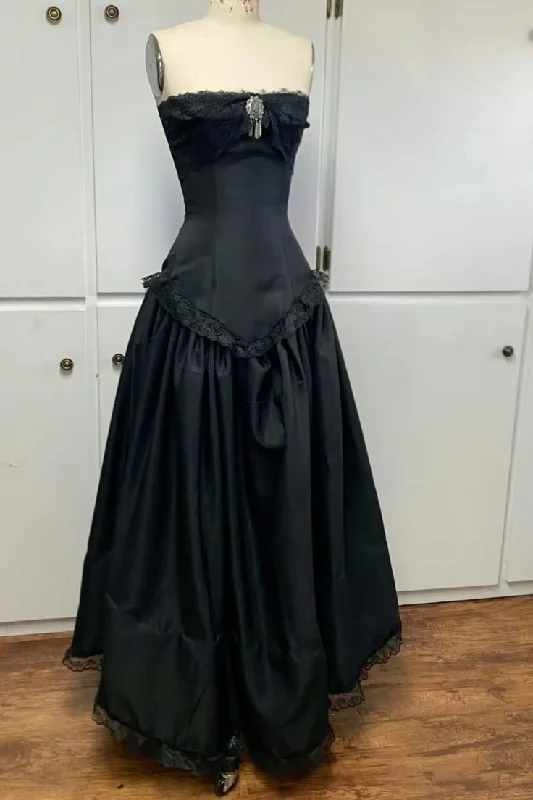 illusion neckline prom dressesBlack Strapless A-Line Lace Satin Long Prom Dress, D45