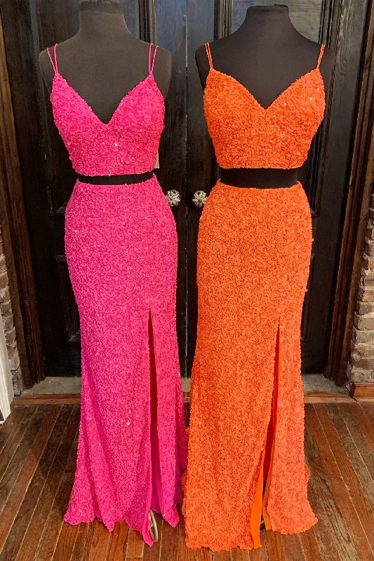 long prom dressesTwo Piece Hot Pink Sequins Mermaid Long Prom Dress