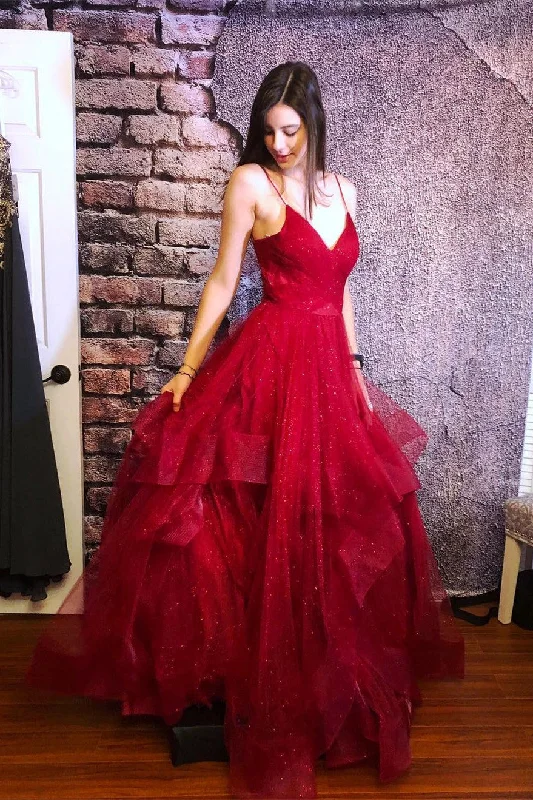 prom dress alterationsSparkly Straps Ruffles Red Long Prom Dress with Open Back