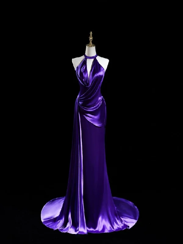 silk prom dressesElegant Purple Halter Satin Mermaid Long Formal Prom Dress, MD7905