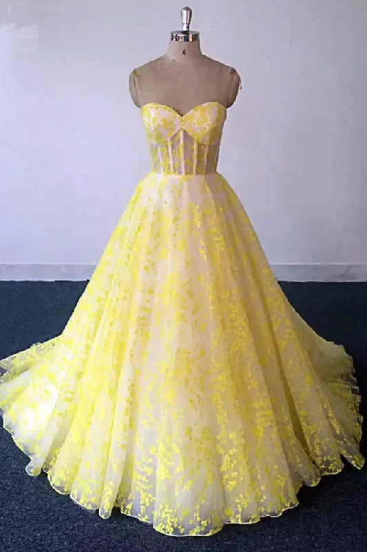 luxury prom dressesYellow Lace Strapless Long Graduation Dress, Sweetheart Prom Dress For Teens M1625