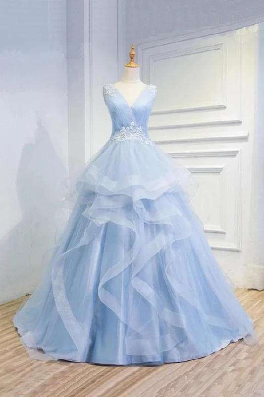 spaghetti strap prom dressesPuffy V Neck Sleeveless Tulle Prom Dress with Appliques, Long Quinceanera Dress M1907