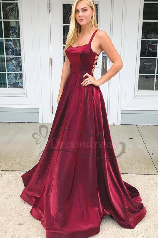 short prom dressesA-line Straps Wine Red Long Prom Dress