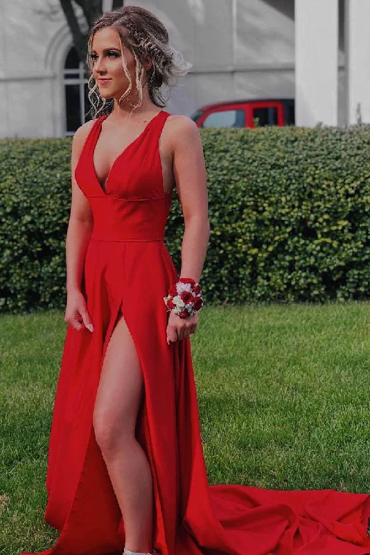 long prom dressesV Neck Red Long Formal Prom Dress with Side Slit