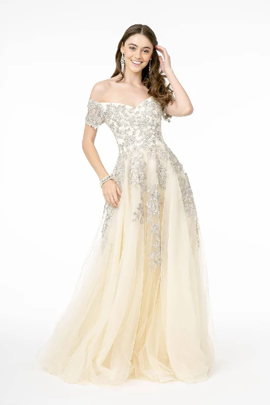 prom dresses for winterEmbroidered Mesh A-Line w/ V-Back Long Prom Dress GLGL2885