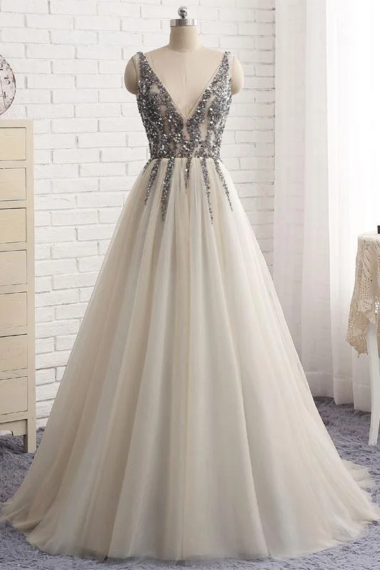 maxi prom dressesSexy Deep V-neck Bling Sleeveless Tulle Prom Dress with Sequins,Formal Dresses M1242