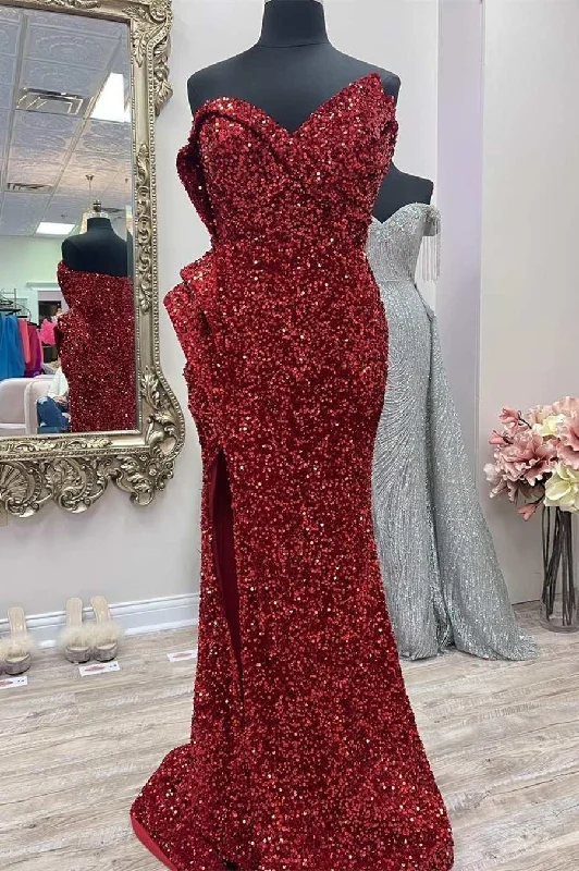 flowy prom dressesAsymmetrical Burgundy Sequin Strapless Mermaid Long Prom Dress with Slit