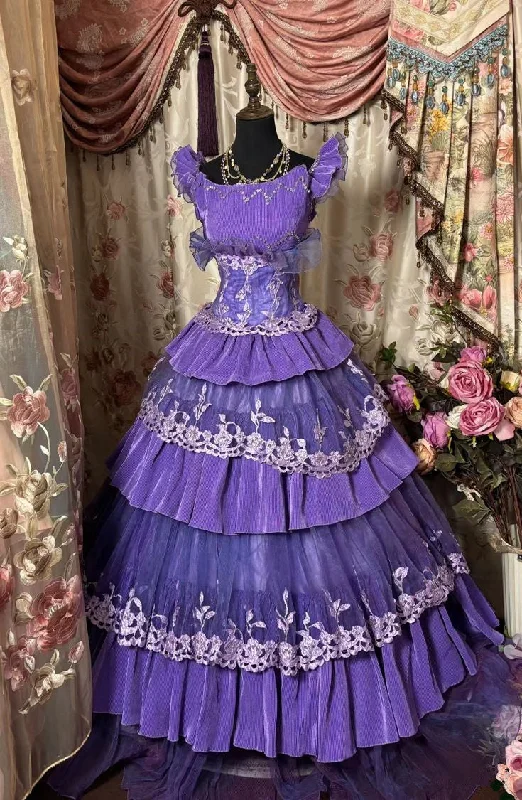 prom dresses for pear shapesPurple Straps A-Line Tiered Vintage Ball Gown Prom Dress, D05