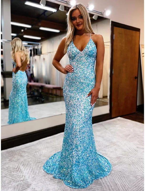 A-line prom dressesProm Dresses Sexy Dress Formal Court Train Sleeveless V Neck Sequined Backless with Sequin