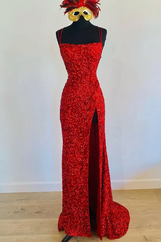 prom dresses with built-in petticoatsMermaid Red Sequin Long Prom Dress with Slit