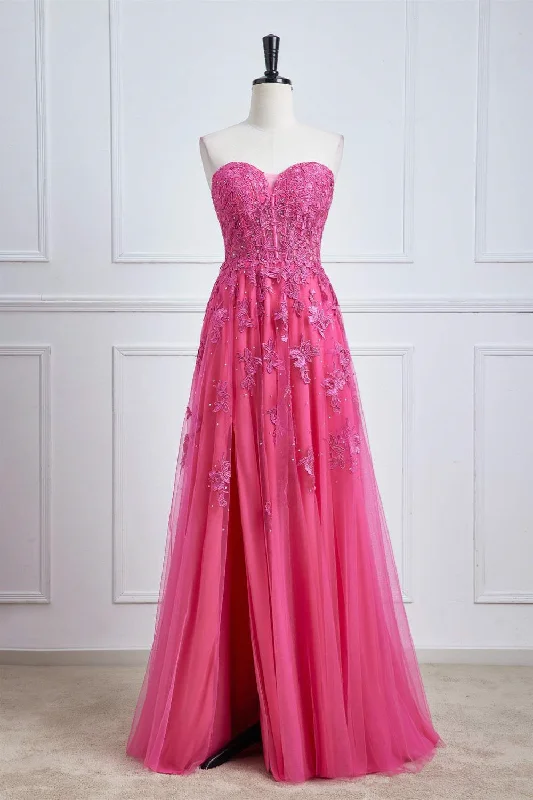 ready-to-wear prom dressesHot Pink Strapless Appliques A-line Long Prom Dress with Slit