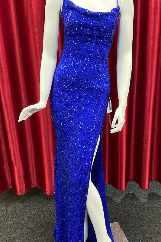 sequined prom dressesRoyal Blue Lace-Up Sequins Mermaid Long Prom Dress with Slit