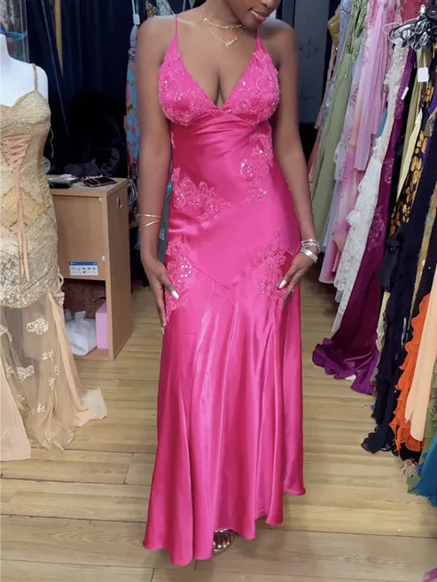 prom dresses with beaded accentsHot Pink V Neck Backless Sheath Satin Long Prom Dress, MD7978