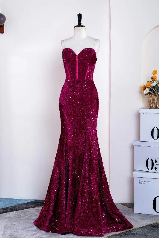 prom dresses for springFuchsia Strapless Mermaid Sequins Long Prom Dress