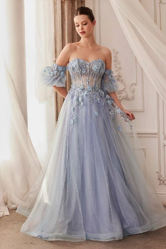 prom dresses with floral embroideryStrapless Floral Sheer Structured Off Shoulder Bodice Puff Sleeves Long Prom & Ball Dress CDA1108