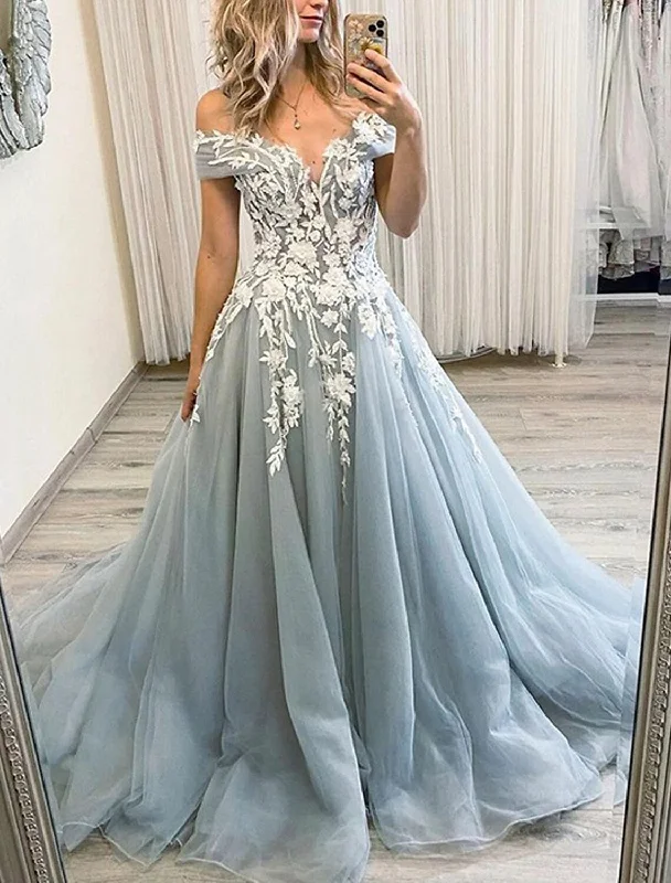 prom dresses with trainsBall Gown Prom Dresses Princess Dress Formal Prom Floor Length Sleeveless Off Shoulder Organza Backless with Pleats Appliques