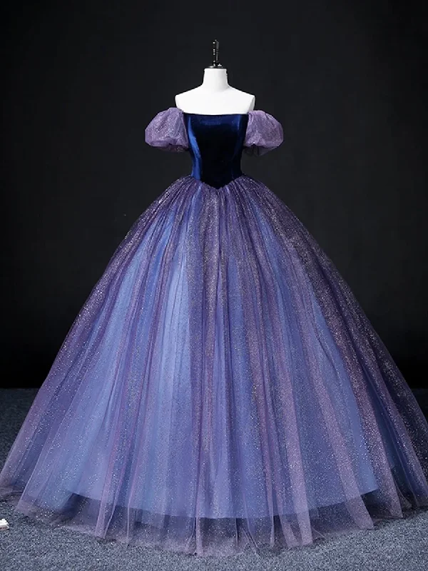 halter prom dressesPurple Off Shoulder A-Line Tulle Velvet Formal Prom Dress MD7202