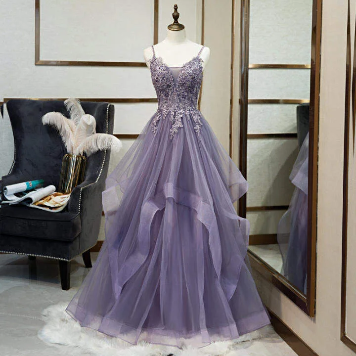 high-slit prom dressesSpaghetti Straps Appliqued Lavender Long Prom Dress M68