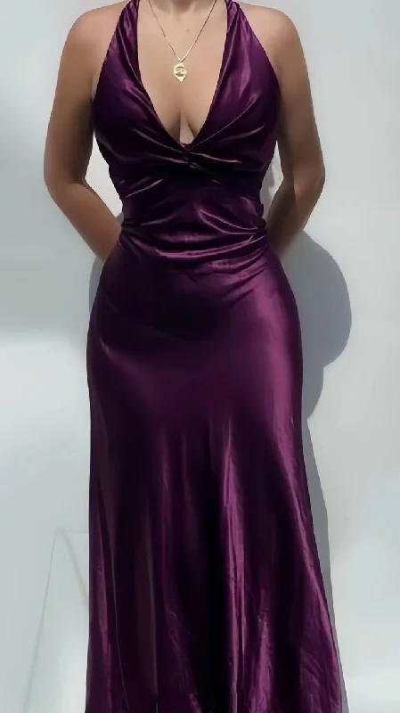 pastel prom dressesElegant Purple V Neck Halter Sheath Satin Simple Long Prom Dress MD7638