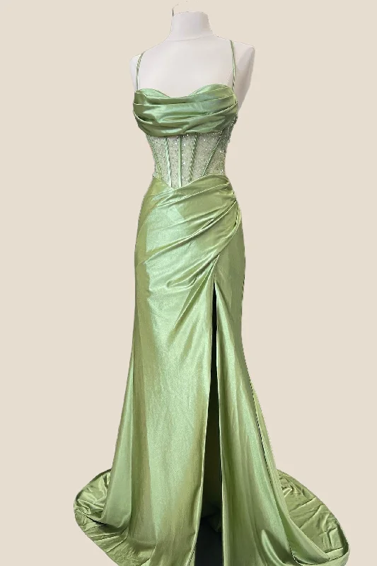 prom dress inspiration galleriesSage Green  Ruched Corset Mermaid Long Prom Dress