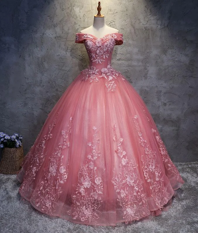 elegant prom dressesPink sweetheart tulle lace applique long prom gown, sweet 16 dress M4808