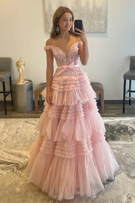 prom dresses for apple shapesPink Tulle Lace Off-the-Shoulder Ruffles Tiered Long Prom Dress