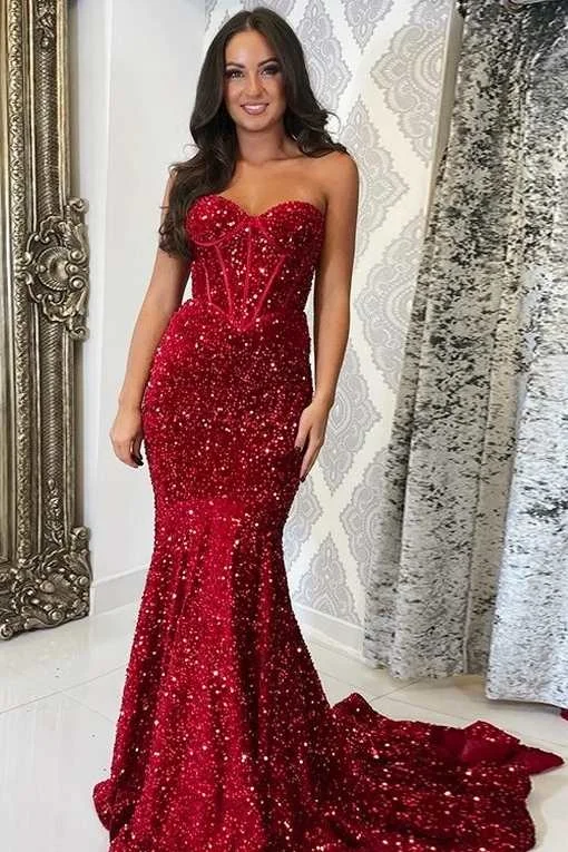 prom dresses with trainsRed Sequin Corset-Top Mermaid Long Prom Gown