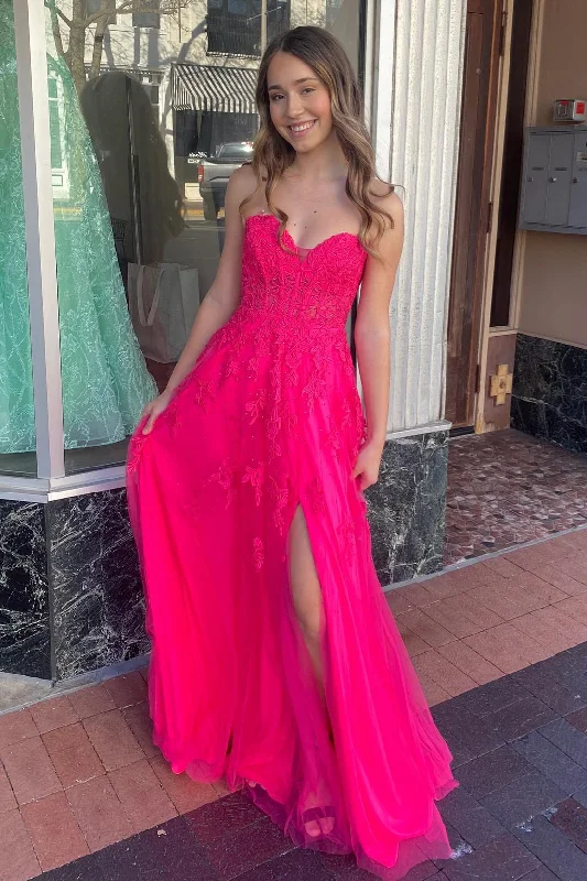 satin prom dressesHot Pink Strapless Floral Appliques A-line Long Prom Dress with Slit