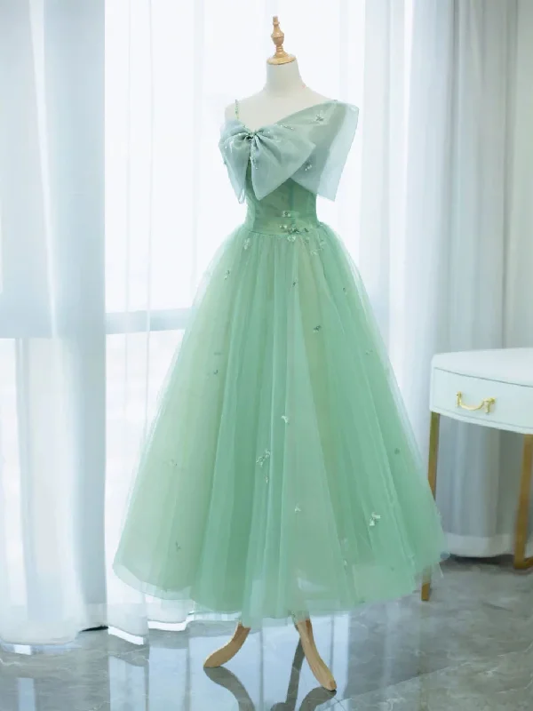 prom dresses for fallSimple Green tulle tea length prom dress, green tulle formal dress M5818