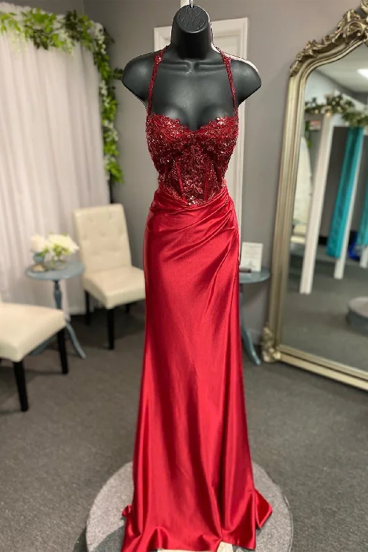 A-line prom dressesRed Straps Appliques Mermaid Satin Long Prom Dress