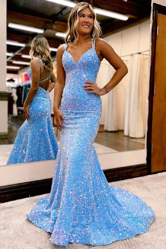 prom dresses for curve-hugging figuresBlue Iridescent V-Neck Cross-Back Mermaid Long Prom Dress