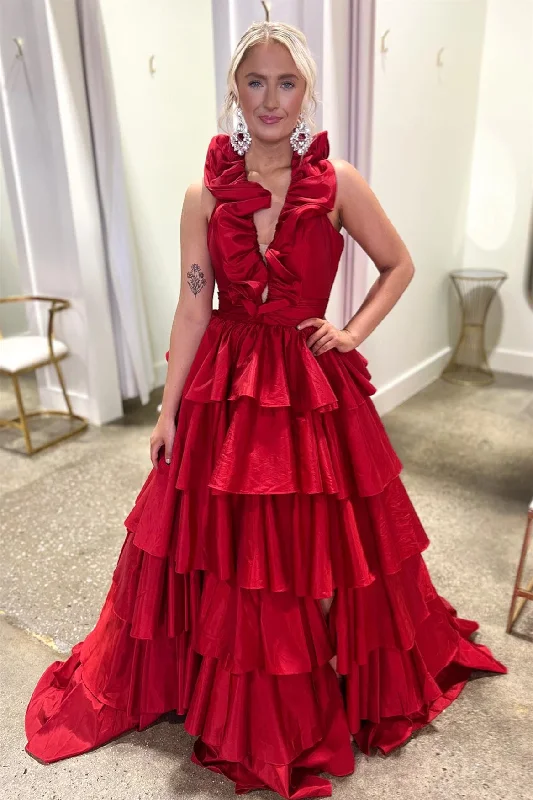 off-shoulder prom dressesRed Ruffled Plunging V Neck Layers Long Prom Dress with Slit