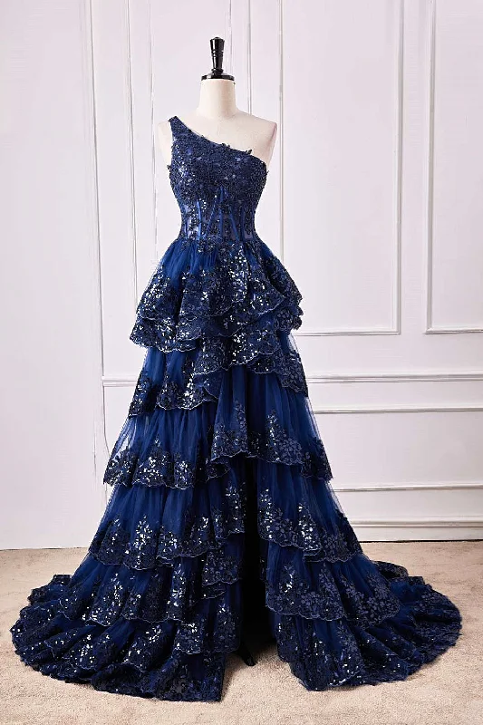 luxury prom dressesDark Navy One Shoulder Floral Layers A-line Long Prom Dress with Slit