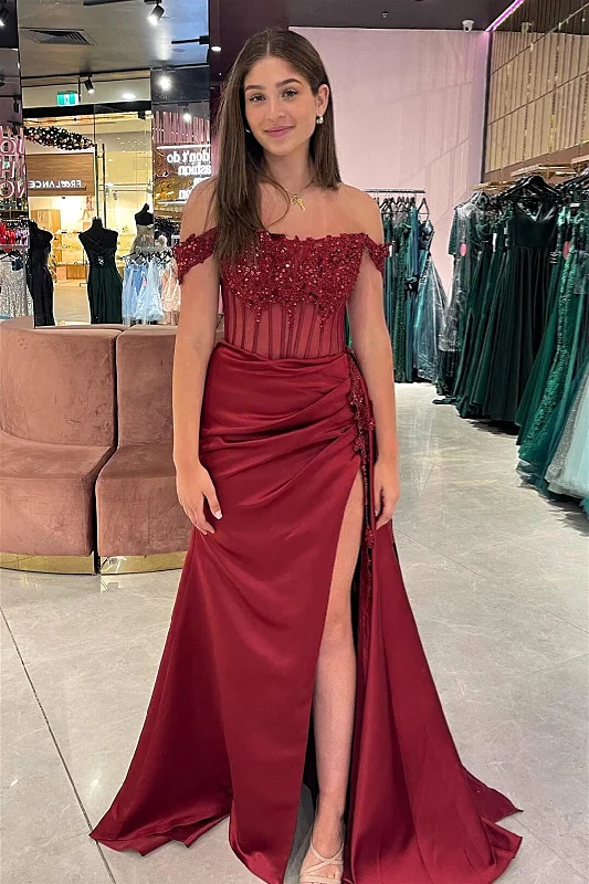 mid-length prom dressesRed Off-Shoulder Mermaid Floral Rhinestones Long Prom Dress with Slit