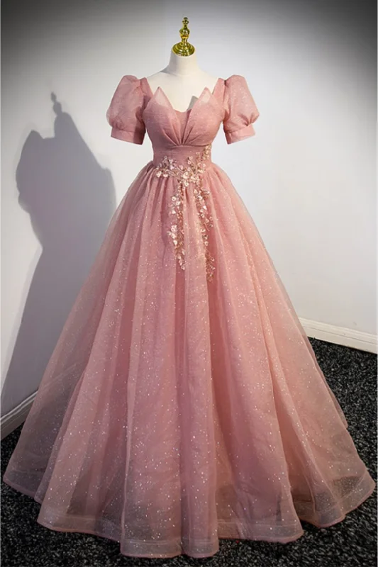 long prom dressesPink A-Line Ball Gown Bling Tulle Long Prom Dress with Short Sleeves MD7302