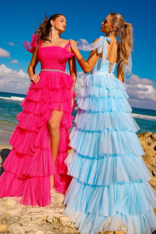 A-line prom dressesRuffle Skirt Corset Back Straight Across Long Prom Dress AC6125