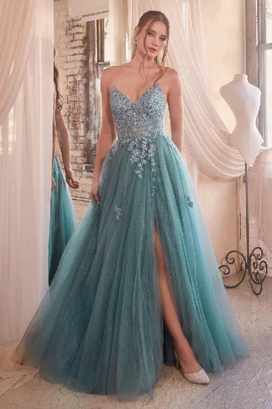 thigh-high slit prom dressesStrapless A-Line Lace & Tulle Skirt Side Slit Long Prom Dress CDC148